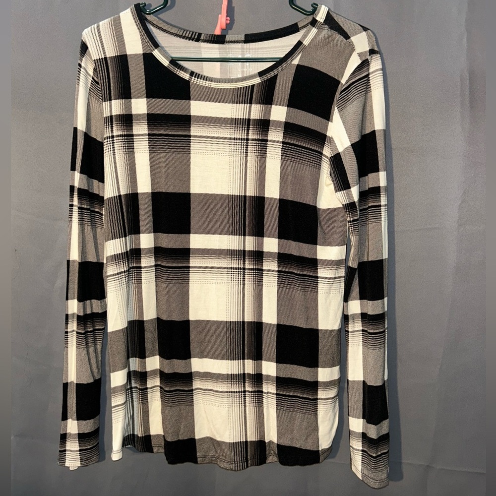 24/7 Comfort Apparel Black and White Plaid Blouse
